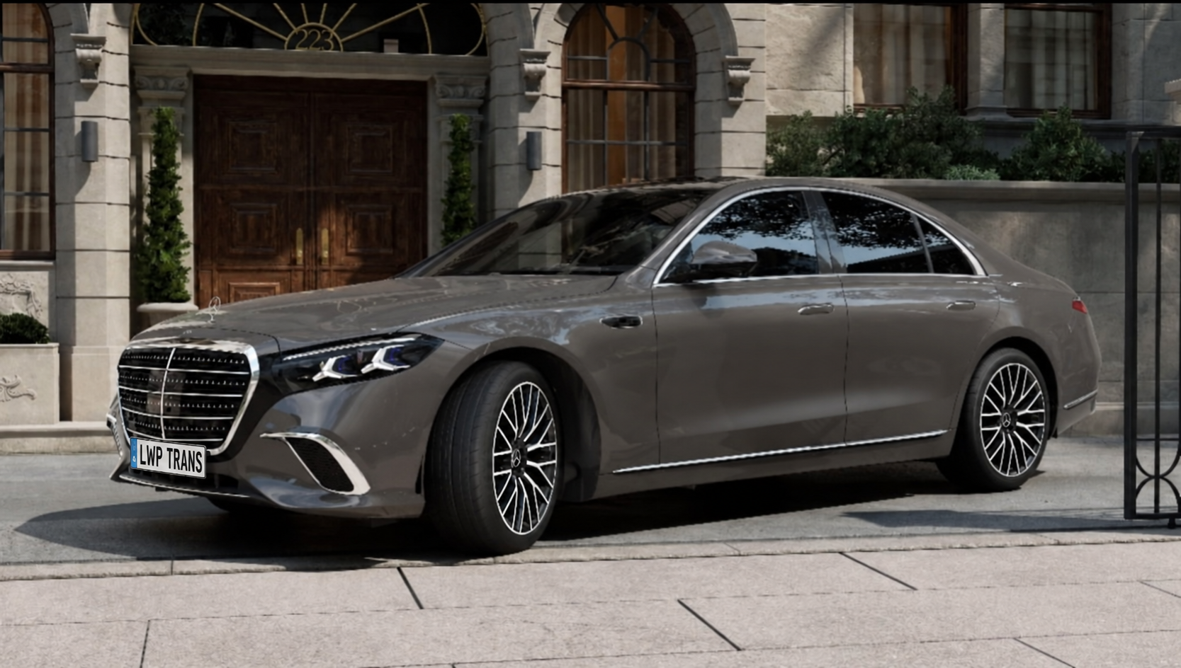 Grey Mercedes-Benz S-Class from the front side